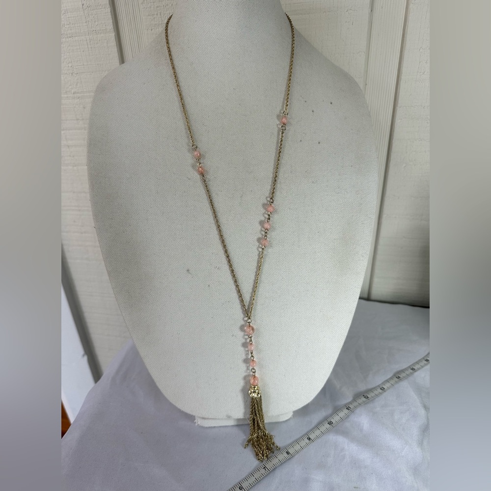 BR long chain tassel necklace with pink beads